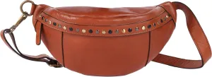 Genuine Italian Leather Boho Studded Waist Bag – Stylish & Durable Unisex Travel Fanny Pack for Essentials (Cognac)