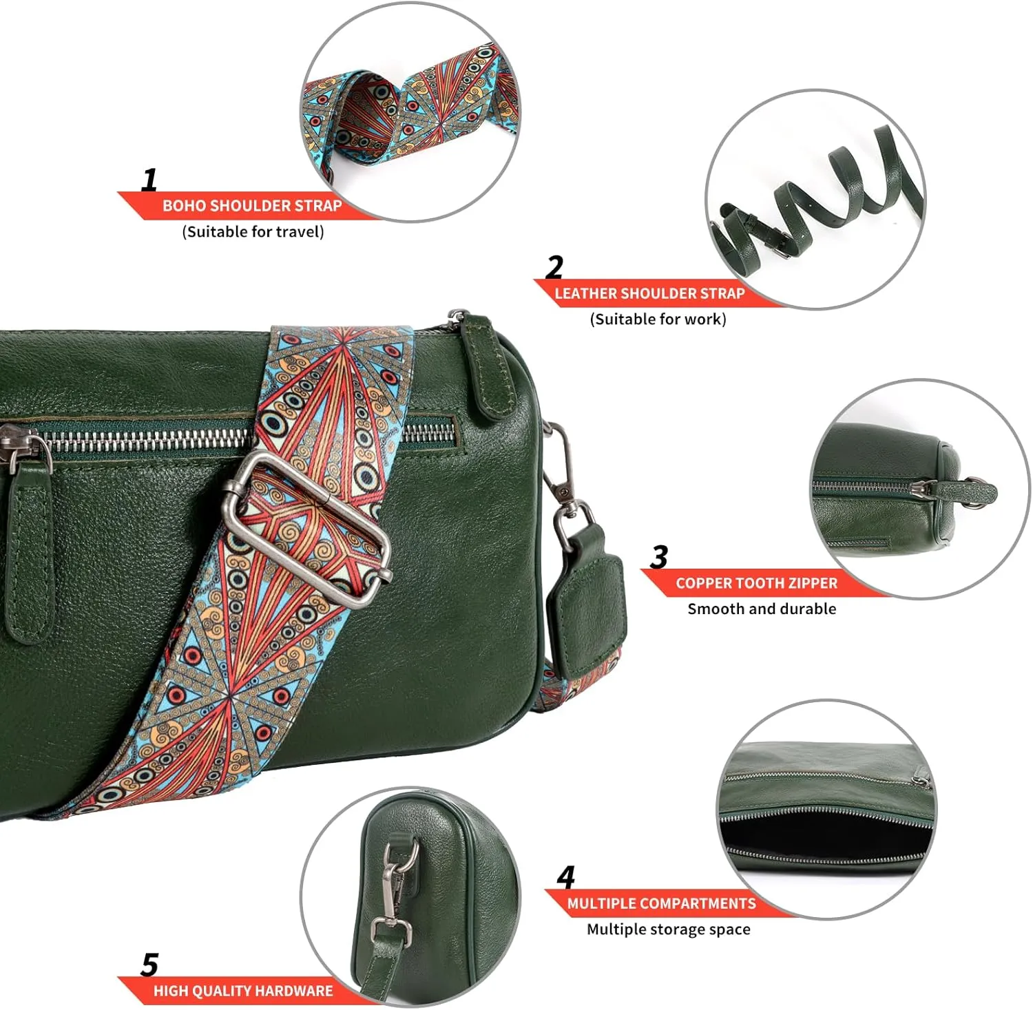 Genuine Leather crossbody bag for Women-Leather purse Shoulder Handbag with Bohemian wide strap