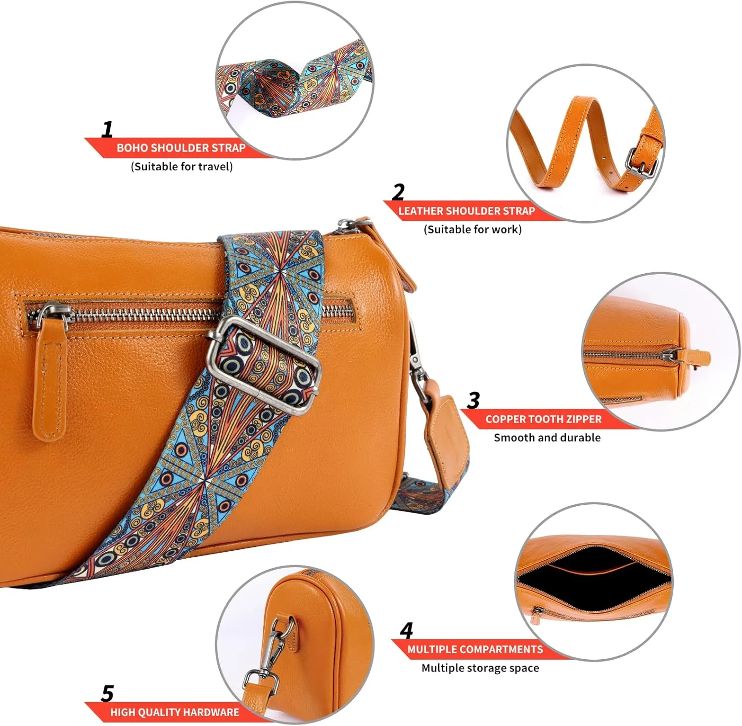 Genuine Leather crossbody bag for Women-Leather purse Shoulder Handbag with Bohemian wide strap