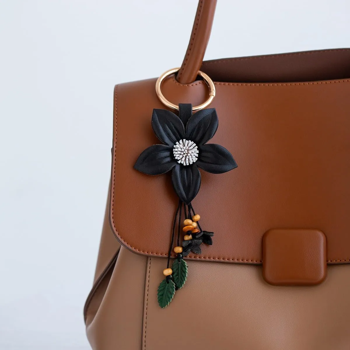 Genuine Leather Flower Tassel Keychain Car Keyring Fob Boho Accessorie for Women