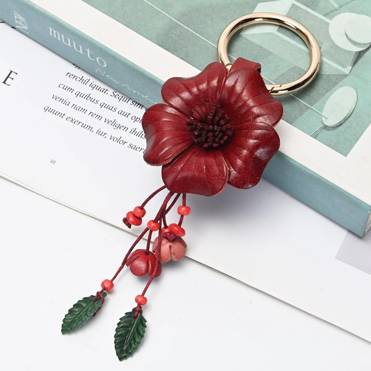 Genuine Leather Flower Tassel Keychain Car Keyring Fob Boho Accessorie for Women