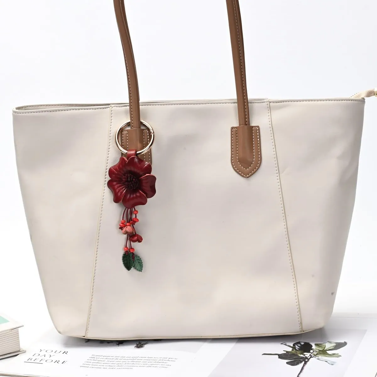 Genuine Leather Flower Tassel Keychain Car Keyring Fob Boho Accessorie for Women