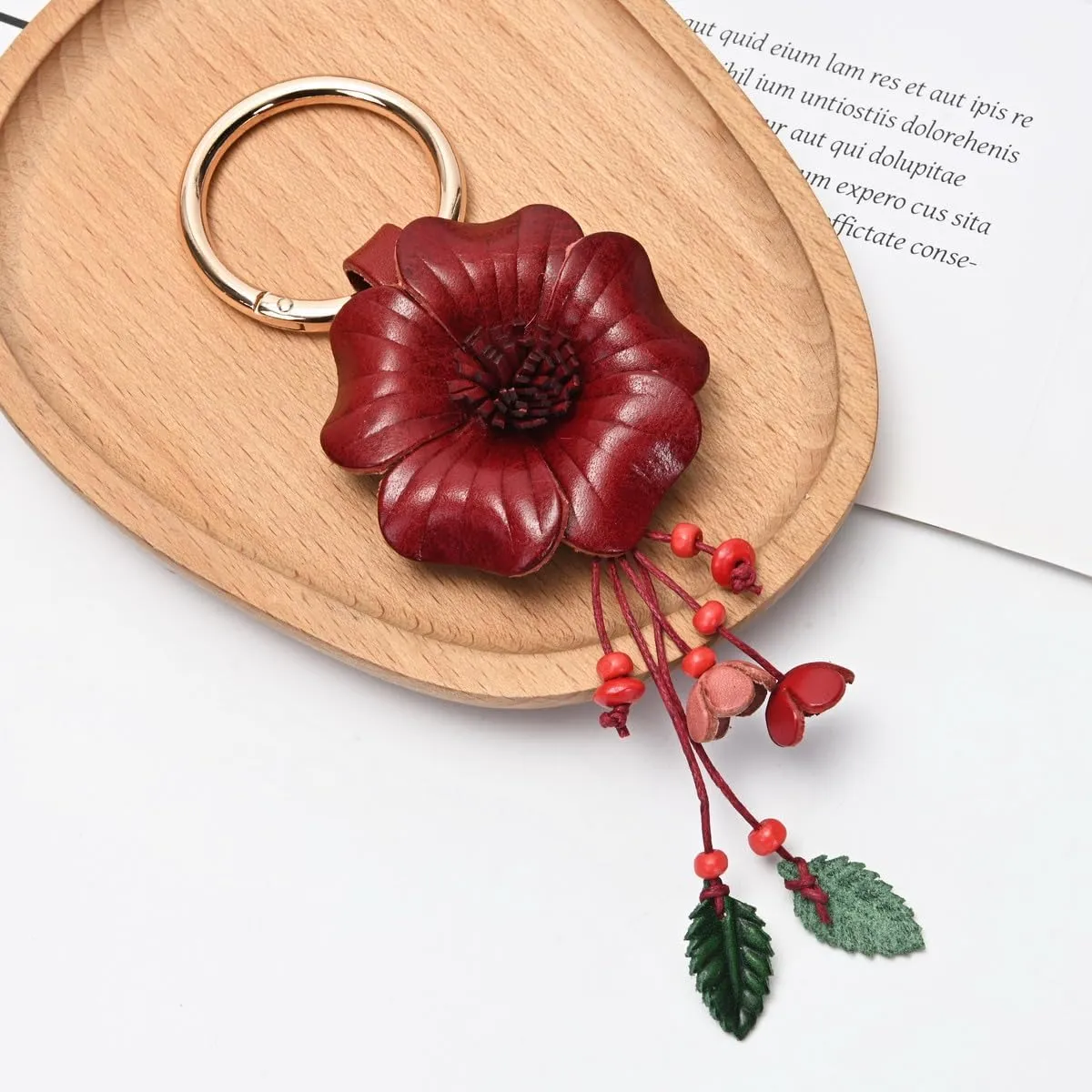 Genuine Leather Flower Tassel Keychain Car Keyring Fob Boho Accessorie for Women