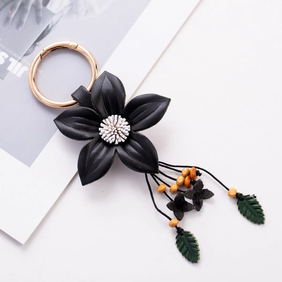 Genuine Leather Flower Tassel Keychain Car Keyring Fob Boho Accessorie for Women