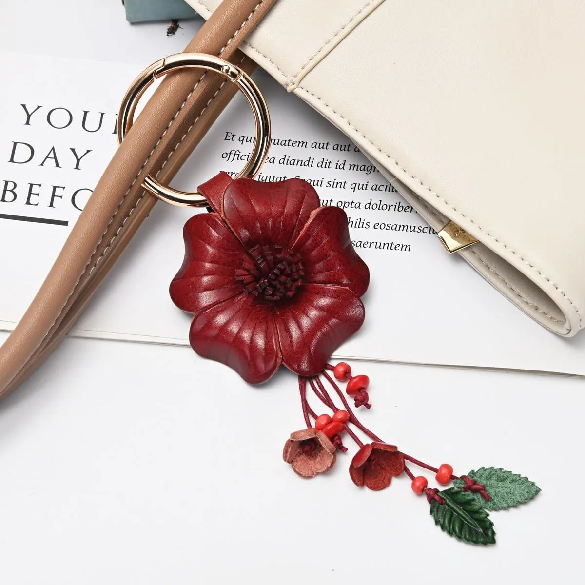 Genuine Leather Flower Tassel Keychain Car Keyring Fob Boho Accessorie for Women
