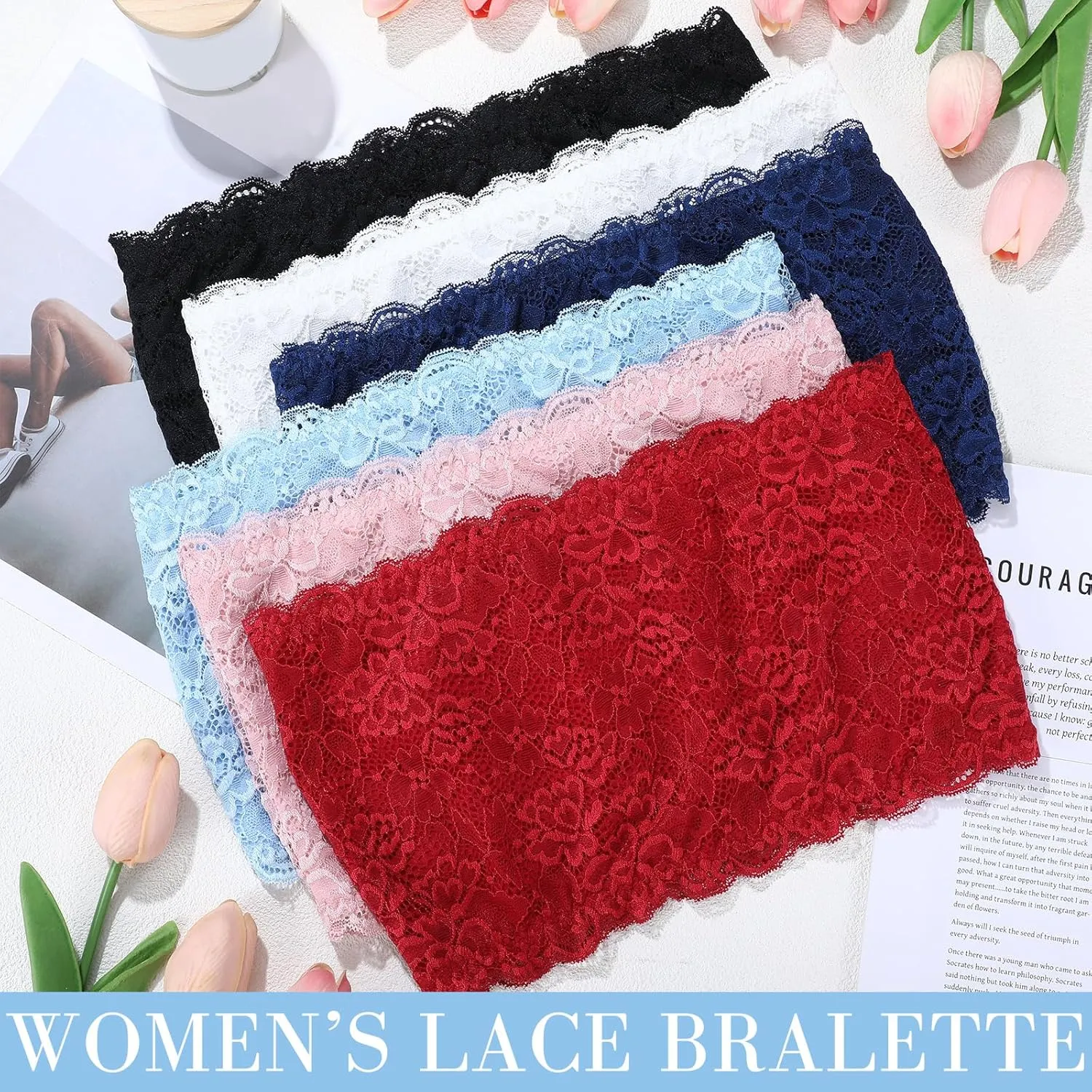 Geyoga 6 Pieces Floral Lace Bralette Bandeau Bra for Women Girl Seamless Strapless Stretchy Tube Top