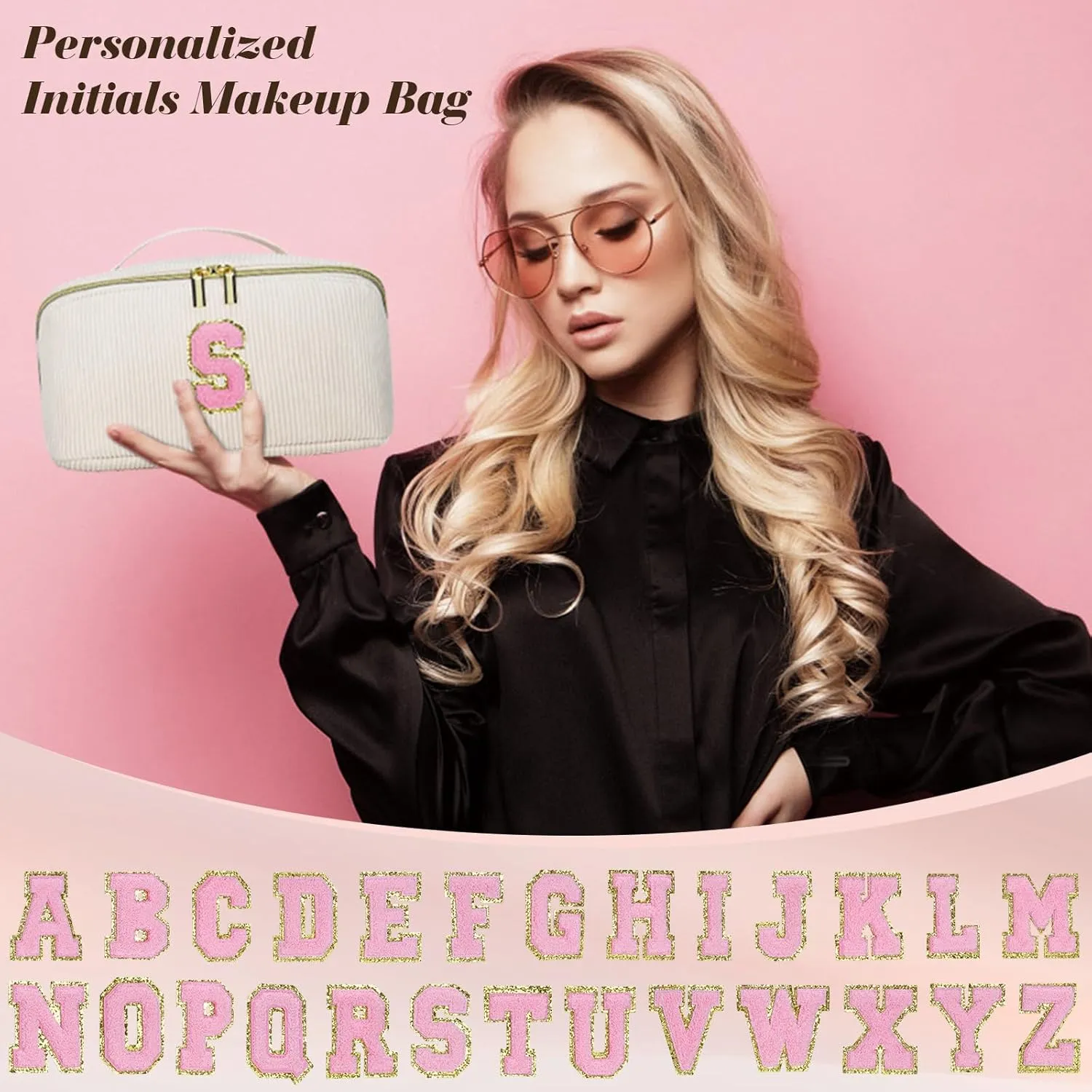 Gifts for Girls, Initial Travel Makeup Bag Women's Day Gift Make up Bag Cosmetic Bags Monther's Day Gifts, Personalized Stuff Bag Cute Makeup Bag Birthday Gifts for Women/Friend/Mother - M