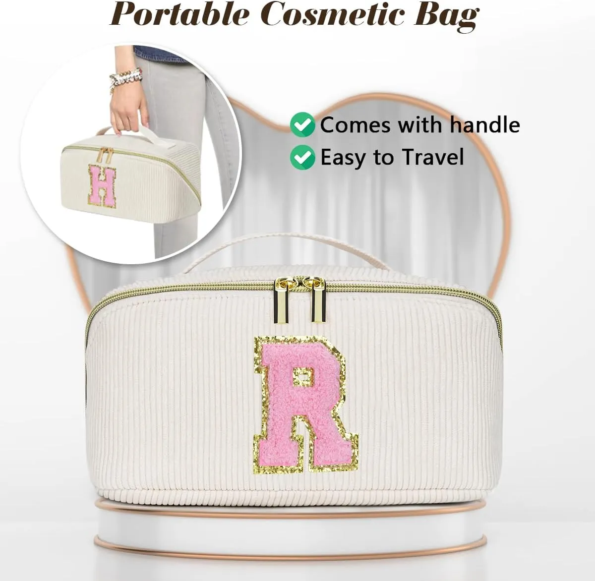 Gifts for Girls, Initial Travel Makeup Bag Women's Day Gift Make up Bag Cosmetic Bags Monther's Day Gifts, Personalized Stuff Bag Cute Makeup Bag Birthday Gifts for Women/Friend/Mother - M
