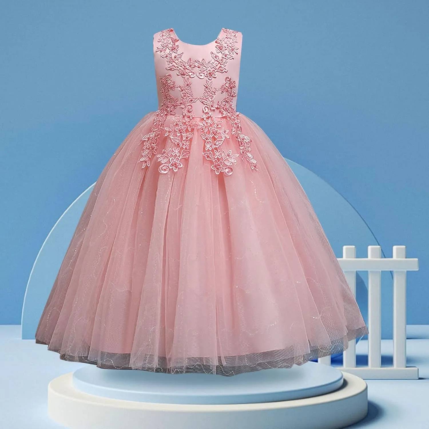 Girls Flower Wedding Dress Tulle Mesh Sleeveless Floor Length Dresses for Kids Birthday Formal Pegeant Dance Gown