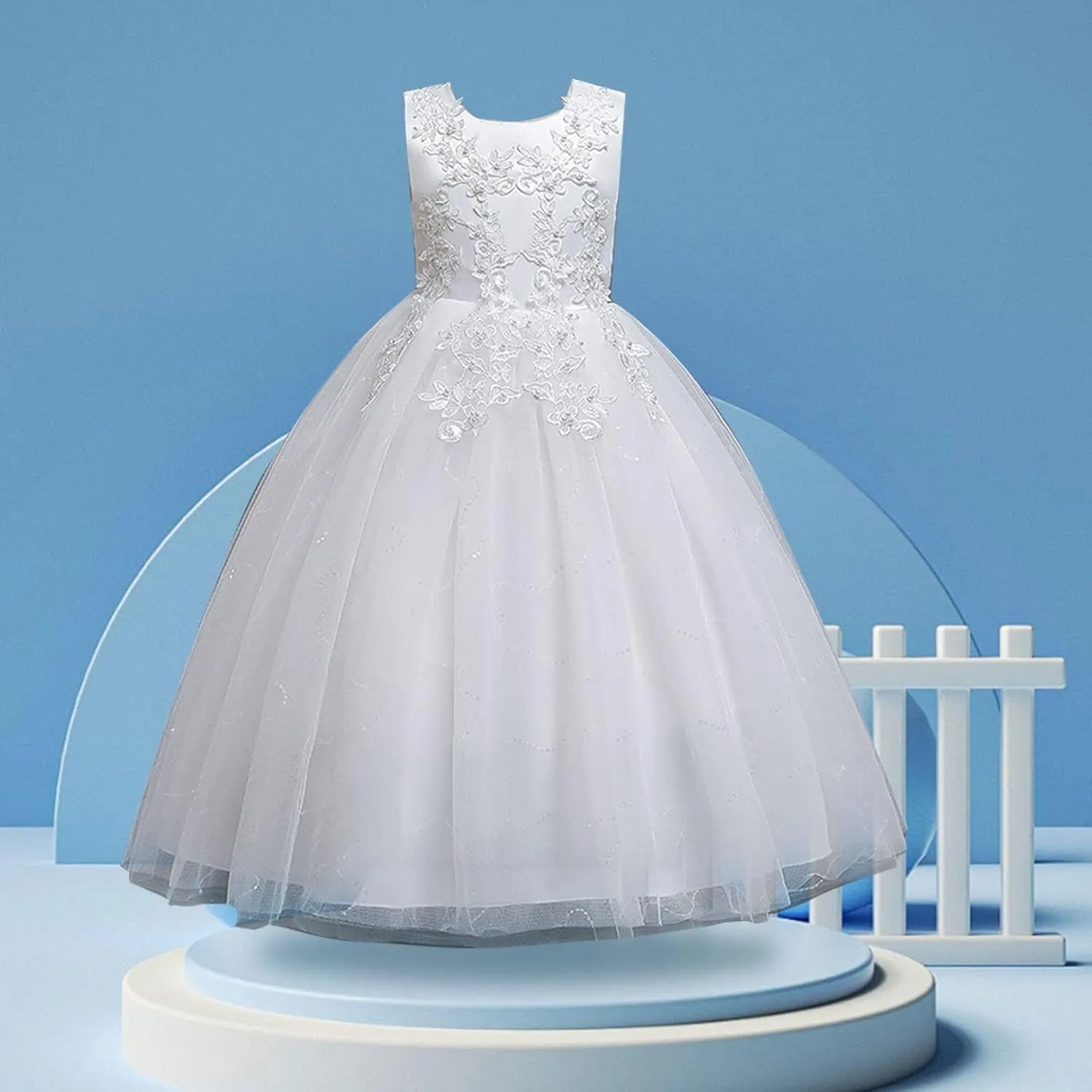 Girls Flower Wedding Dress Tulle Mesh Sleeveless Floor Length Dresses for Kids Birthday Formal Pegeant Dance Gown