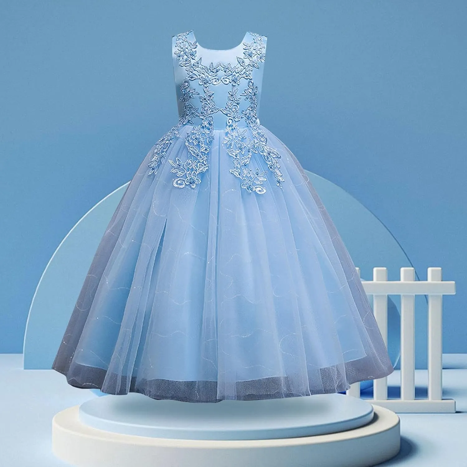 Girls Flower Wedding Dress Tulle Mesh Sleeveless Floor Length Dresses for Kids Birthday Formal Pegeant Dance Gown