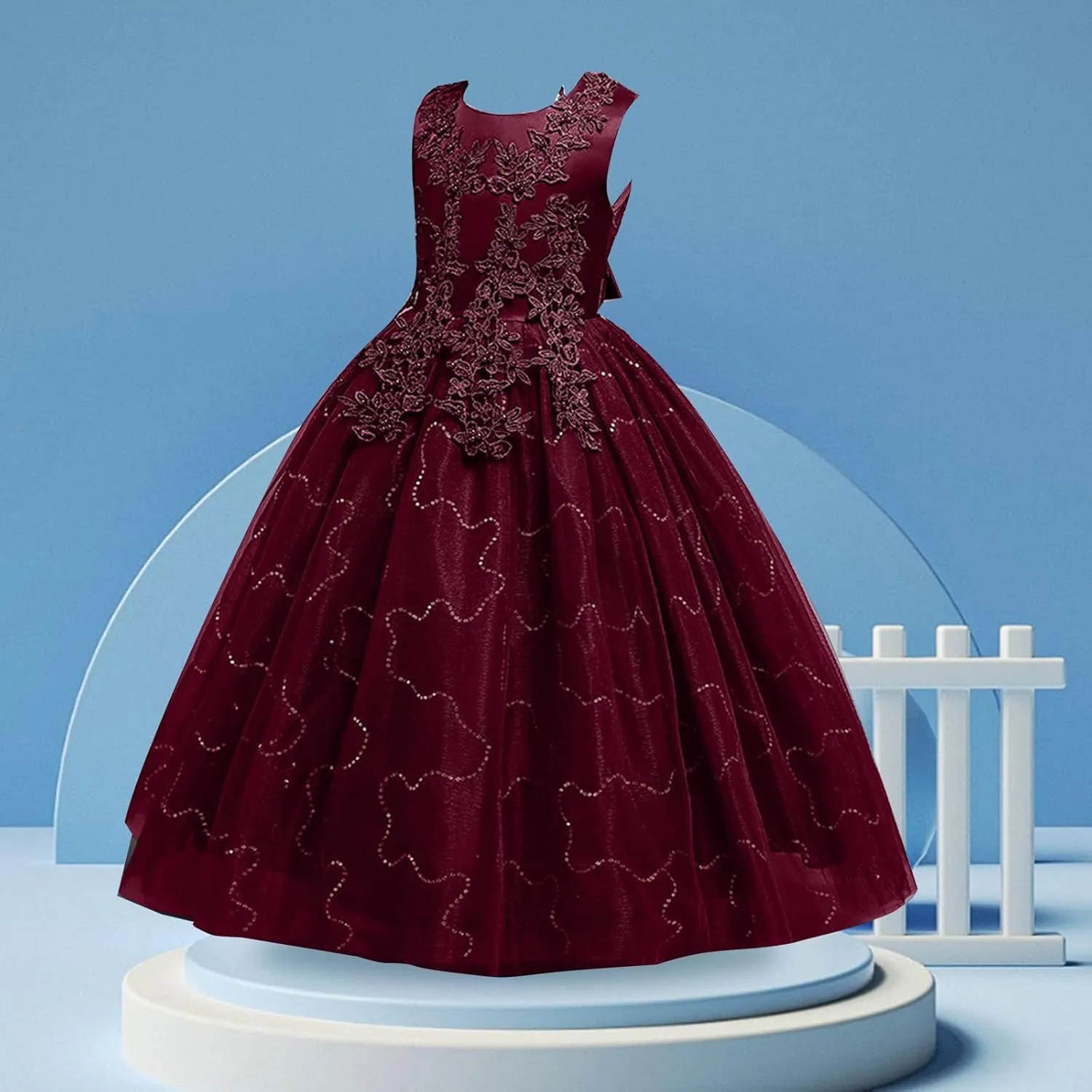 Girls Flower Wedding Dress Tulle Mesh Sleeveless Floor Length Dresses for Kids Birthday Formal Pegeant Dance Gown