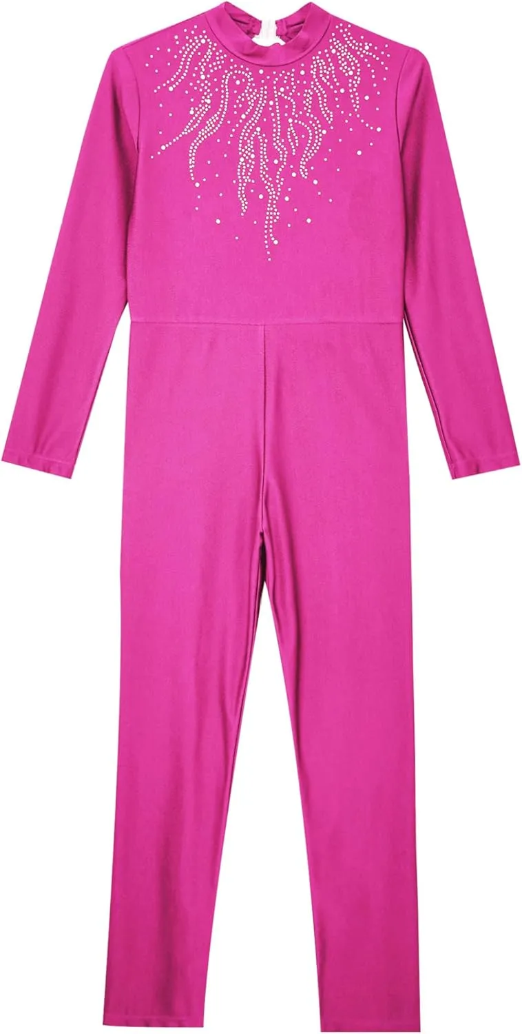 Girls' Full Body Long Sleeve Figure Skating Unitard One Piece Rhinestones Gymnastics Dance Bodysuits for Kid