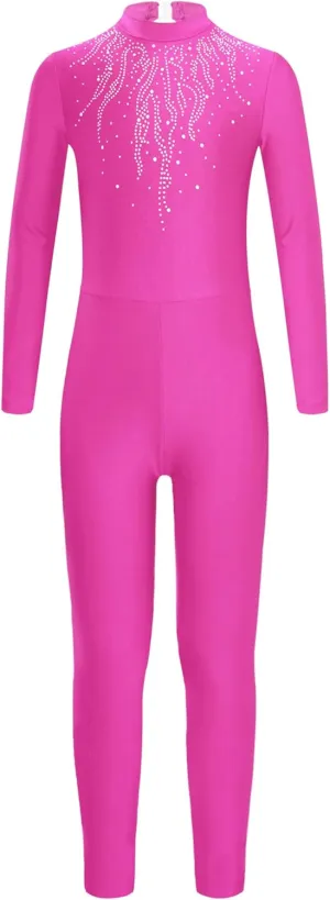 Girls' Full Body Long Sleeve Figure Skating Unitard One Piece Rhinestones Gymnastics Dance Bodysuits for Kid