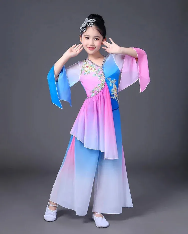 Girls Hanfu Chinese Dance Costume Sleeve Dress Yangko Classical Modern Kids Outfit