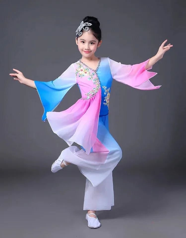 Girls Hanfu Chinese Dance Costume Sleeve Dress Yangko Classical Modern Kids Outfit
