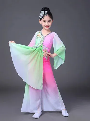 Girls Hanfu Chinese Dance Costume Sleeve Dress Yangko Classical Modern Kids Outfit