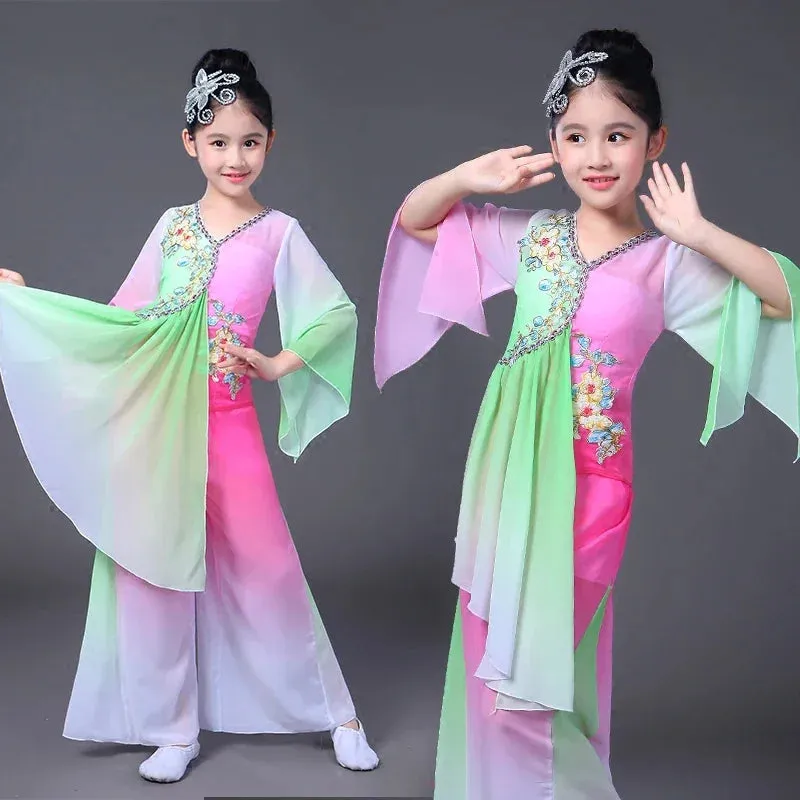 Girls Hanfu Chinese Dance Costume Sleeve Dress Yangko Classical Modern Kids Outfit