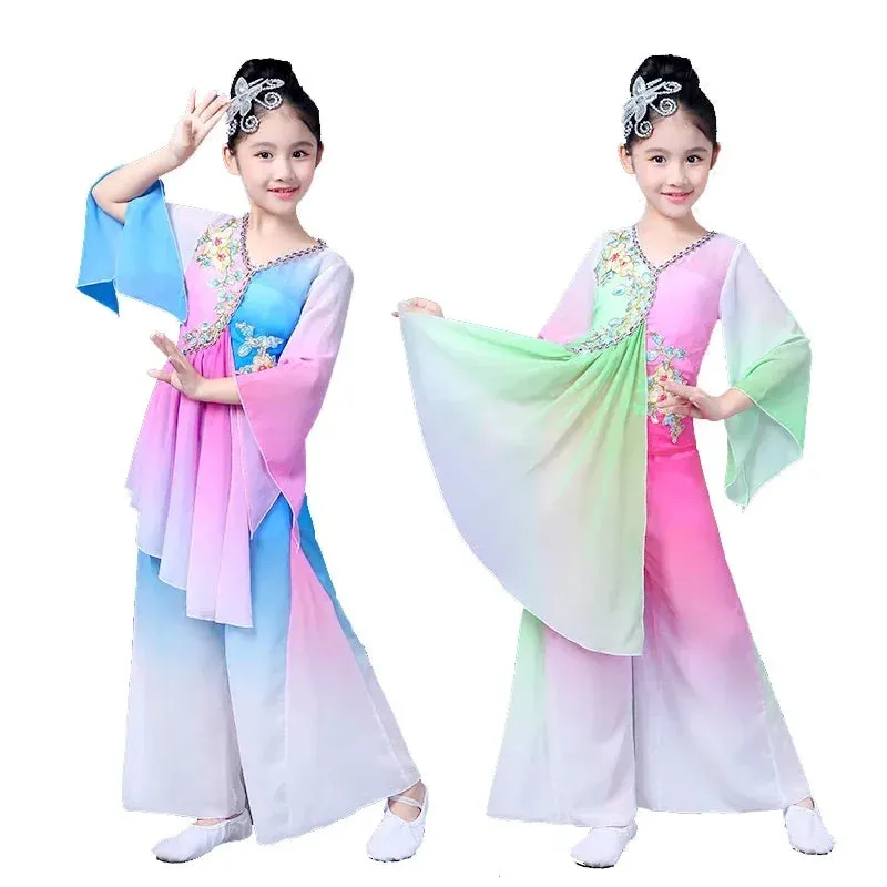 Girls Hanfu Chinese Dance Costume Sleeve Dress Yangko Classical Modern Kids Outfit