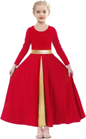 Girls Long Sleeve Praise Dance Dress Swing Skirt Liturgical Worship Costume Church Robe Dancewear