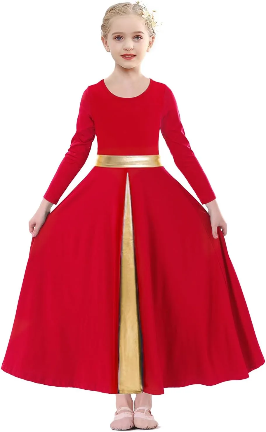 Girls Long Sleeve Praise Dance Dress Swing Skirt Liturgical Worship Costume Church Robe Dancewear