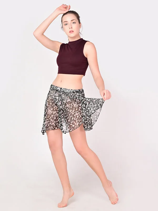 Girls Stylish Chiffon Flowy Sheer Black Flower Mini Skirt with Elastic Pull on Waist