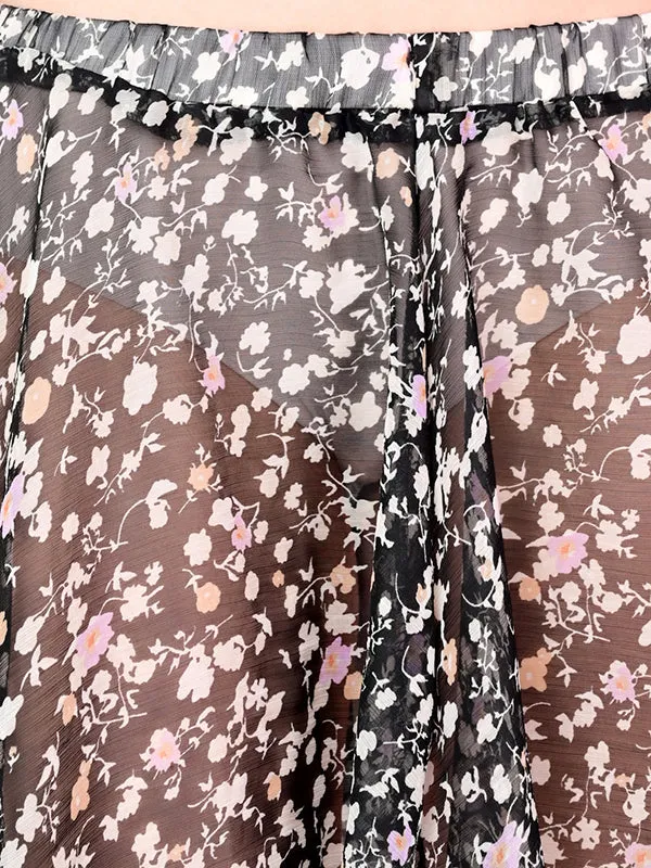 Girls Stylish Chiffon Flowy Sheer Black Flower Mini Skirt with Elastic Pull on Waist