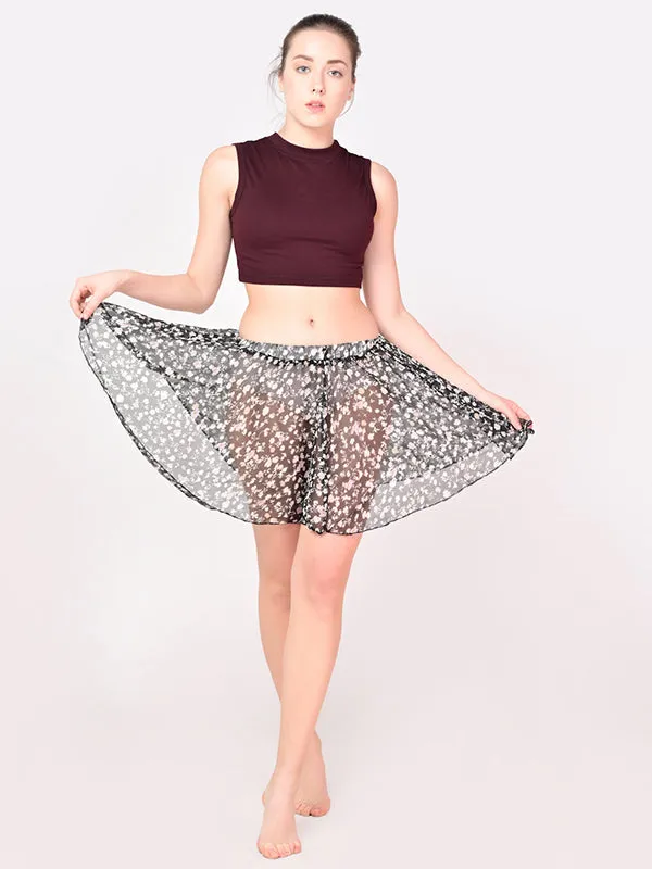 Girls Stylish Chiffon Flowy Sheer Black Flower Mini Skirt with Elastic Pull on Waist