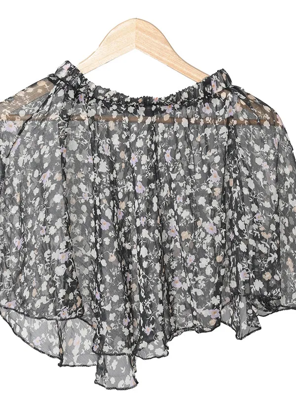 Girls Stylish Chiffon Flowy Sheer Black Flower Mini Skirt with Elastic Pull on Waist