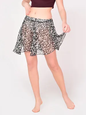 Girls Stylish Chiffon Flowy Sheer Black Flower Mini Skirt with Elastic Pull on Waist