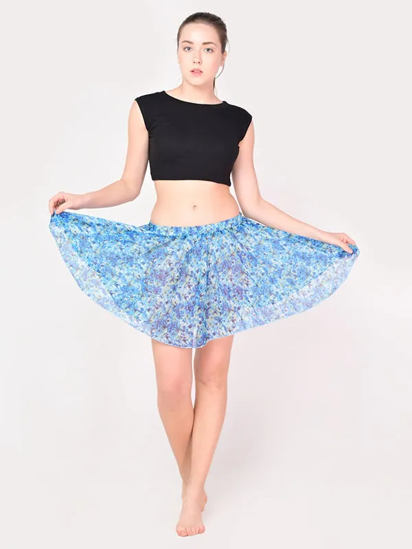 Girls Stylish Chiffon Flowy Sheer Blue Floral Mini Skirt with Elastic Pull on Waist