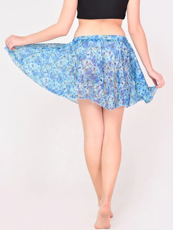 Girls Stylish Chiffon Flowy Sheer Blue Floral Mini Skirt with Elastic Pull on Waist