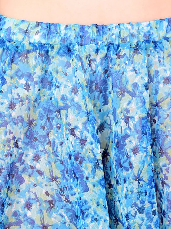 Girls Stylish Chiffon Flowy Sheer Blue Floral Mini Skirt with Elastic Pull on Waist
