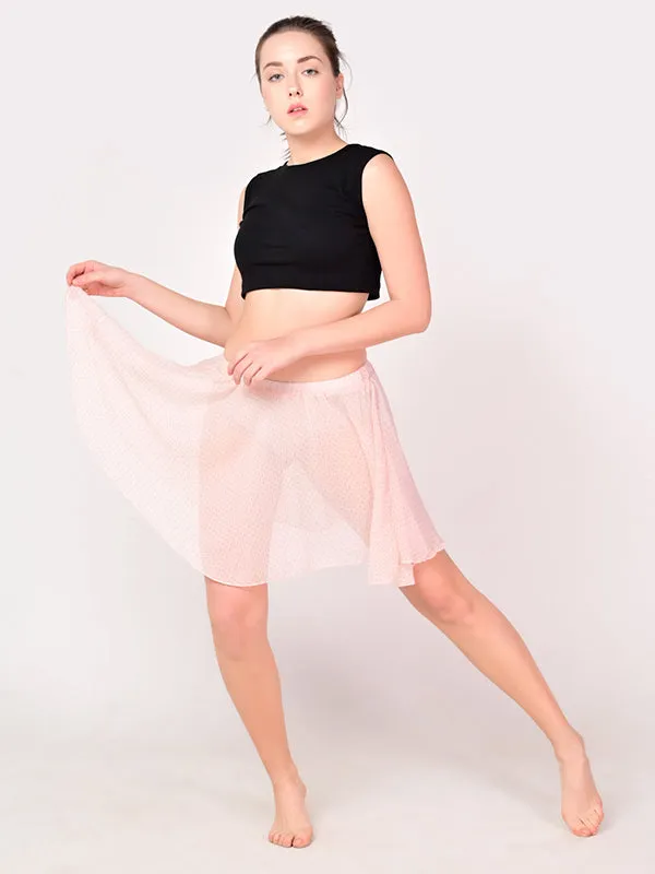 Girls Stylish Chiffon Flowy Sheer Light Pink Dot Mini Skirt with Elastic Pull on Waist
