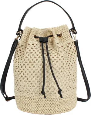 Goclothod Small Drawstring Shoulder Bag Straw Weave Handbag Summer Beach Purse