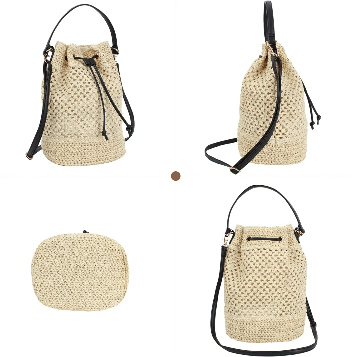 Goclothod Small Drawstring Shoulder Bag Straw Weave Handbag Summer Beach Purse