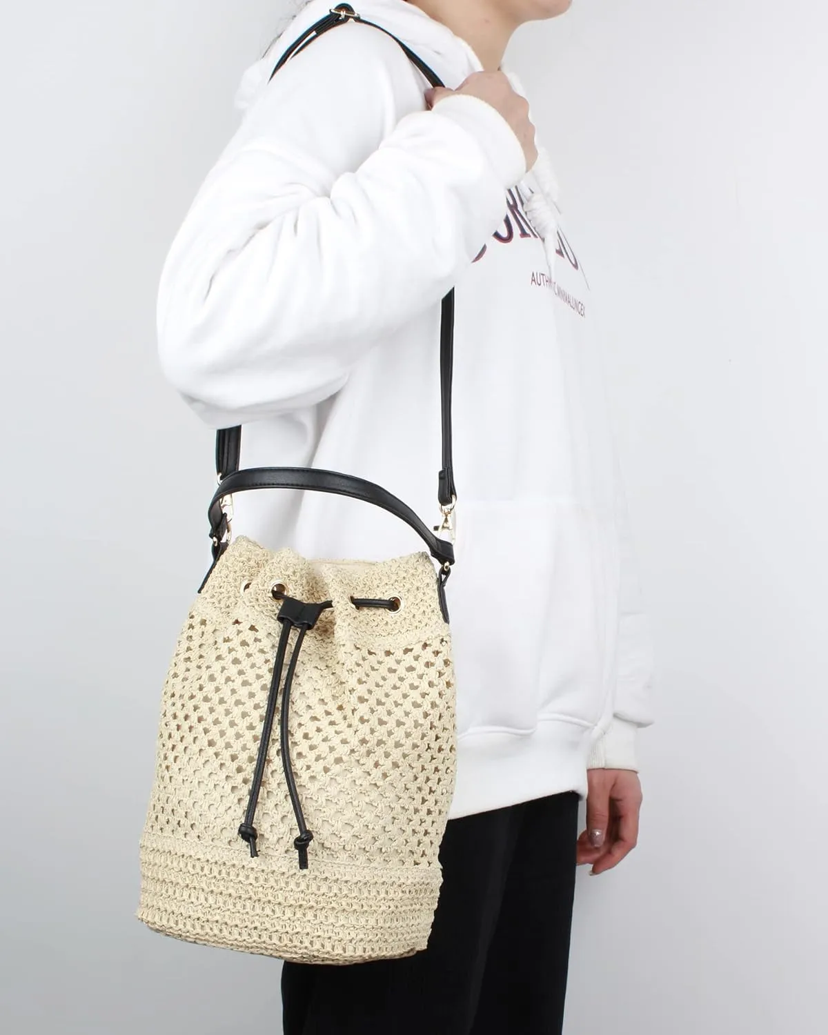 Goclothod Small Drawstring Shoulder Bag Straw Weave Handbag Summer Beach Purse
