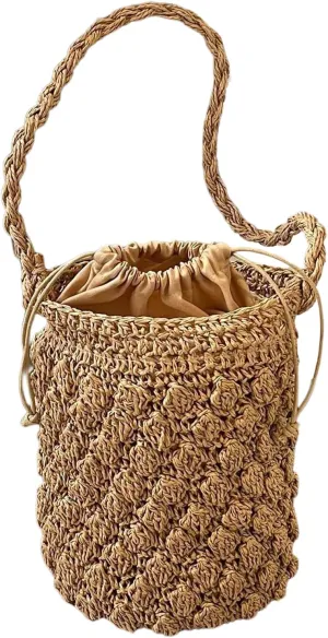 GORGLITTER Women's Wicker Purses Crochet Straw Bucket Bag Drawstring Popcorn Vacation Beach Bags