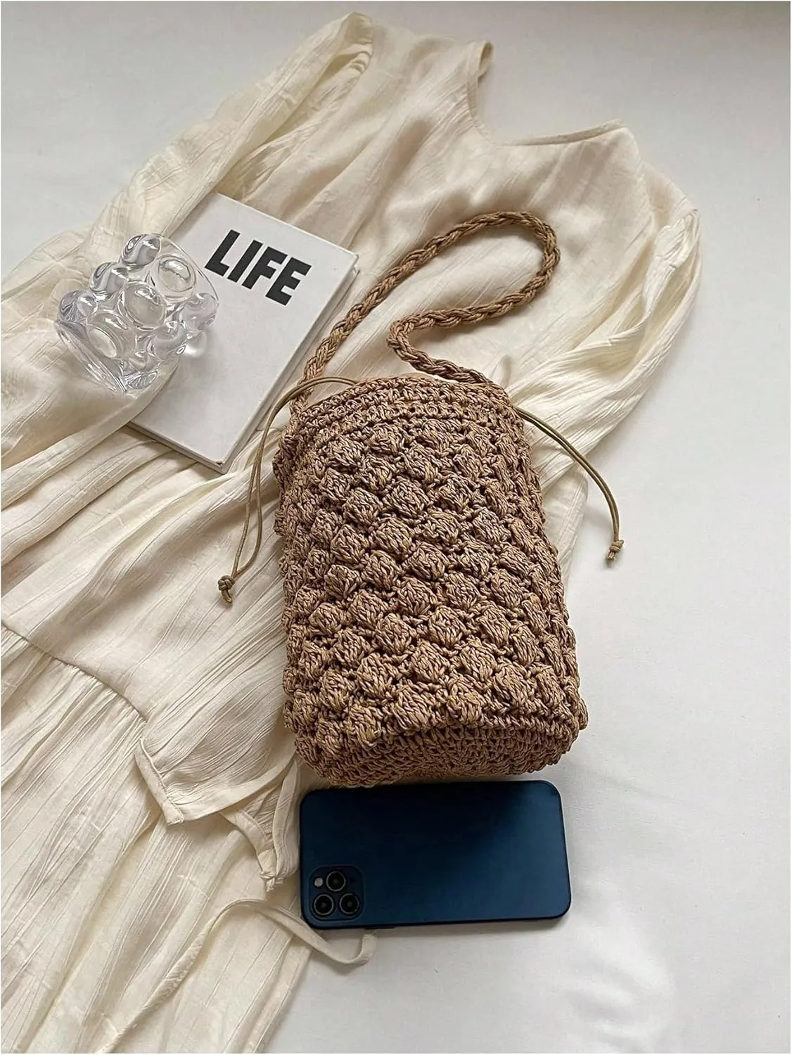 GORGLITTER Women's Wicker Purses Crochet Straw Bucket Bag Drawstring Popcorn Vacation Beach Bags