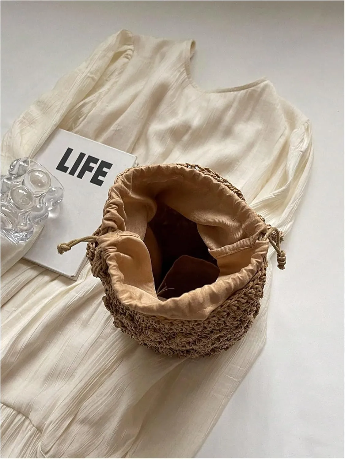 GORGLITTER Women's Wicker Purses Crochet Straw Bucket Bag Drawstring Popcorn Vacation Beach Bags