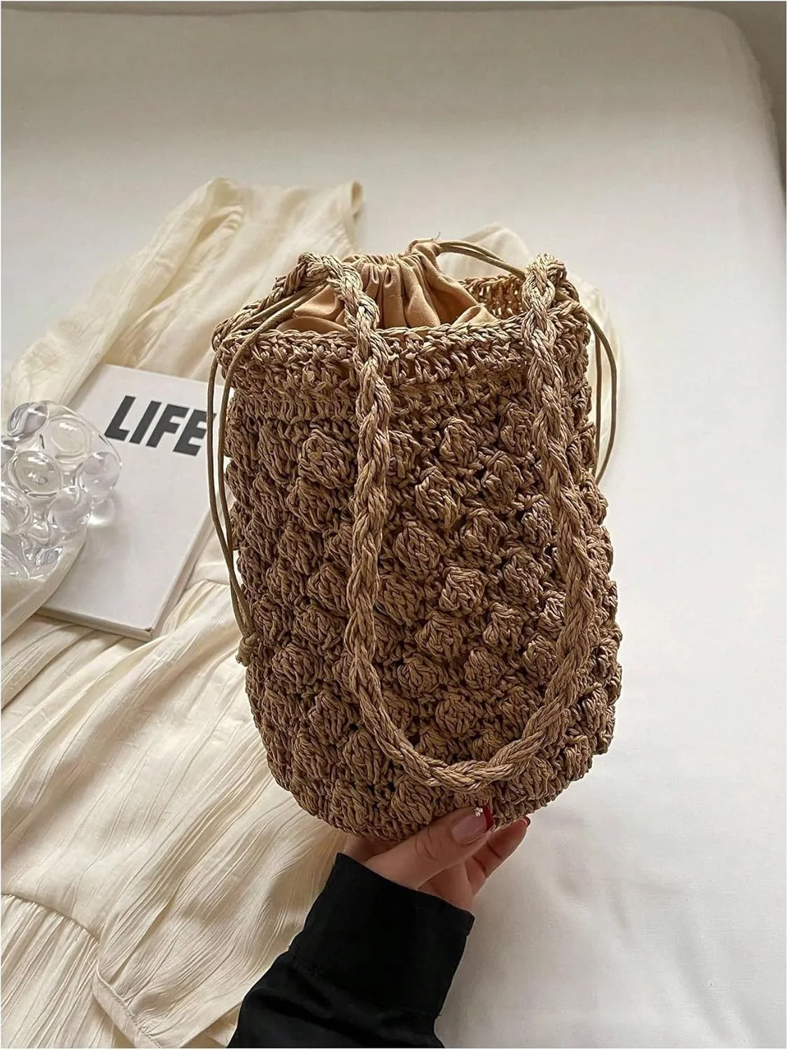 GORGLITTER Women's Wicker Purses Crochet Straw Bucket Bag Drawstring Popcorn Vacation Beach Bags