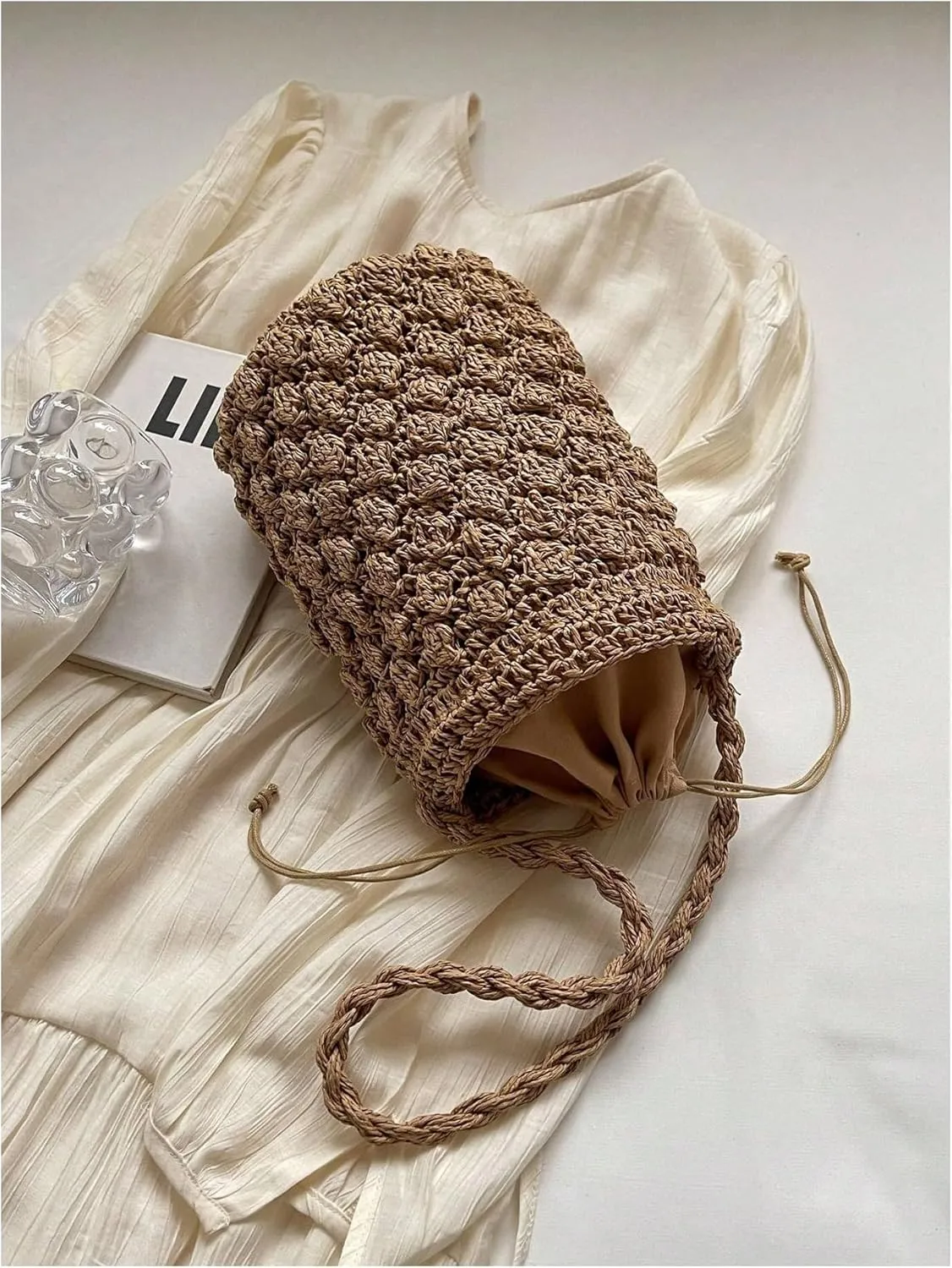 GORGLITTER Women's Wicker Purses Crochet Straw Bucket Bag Drawstring Popcorn Vacation Beach Bags