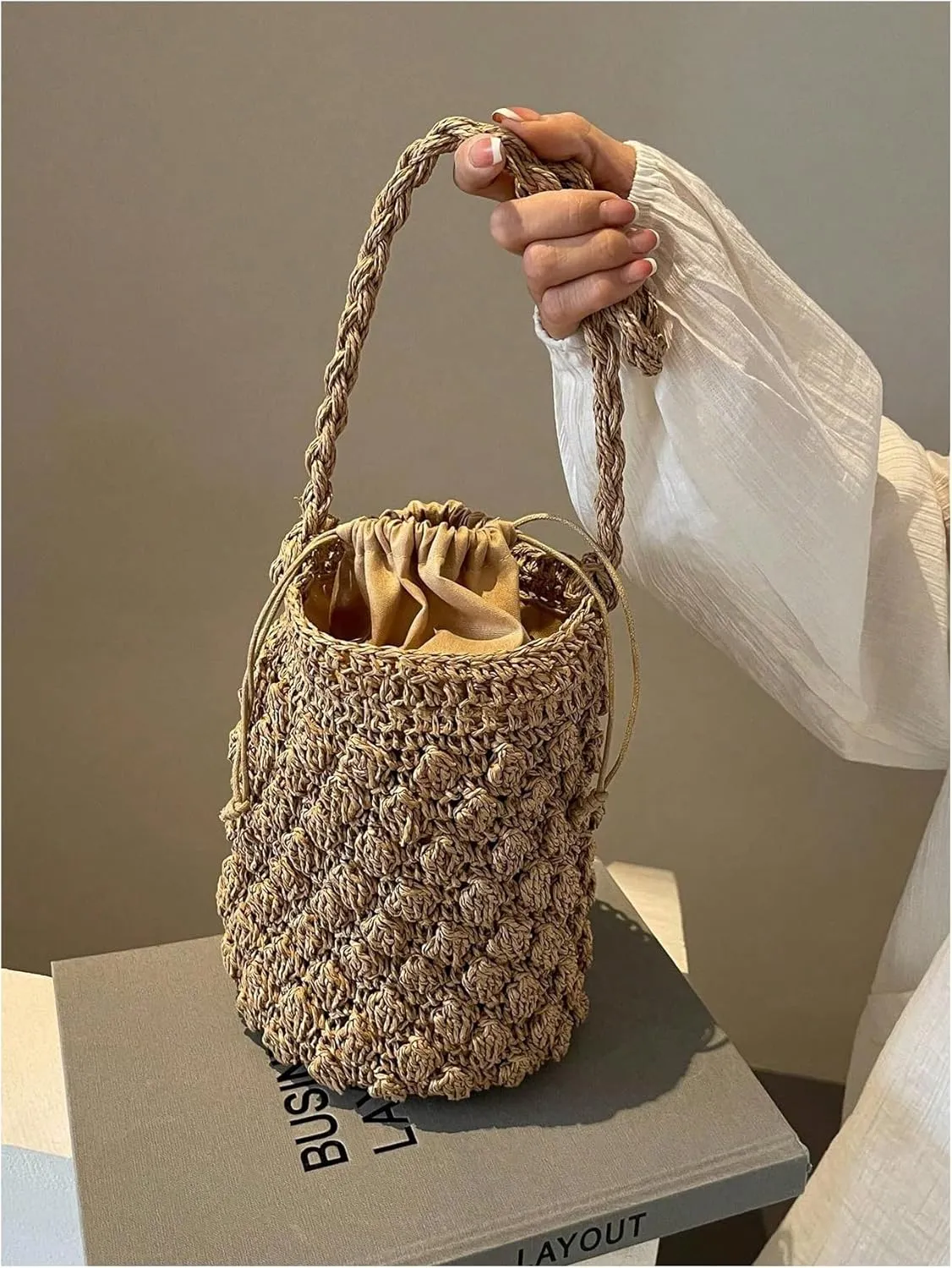 GORGLITTER Women's Wicker Purses Crochet Straw Bucket Bag Drawstring Popcorn Vacation Beach Bags