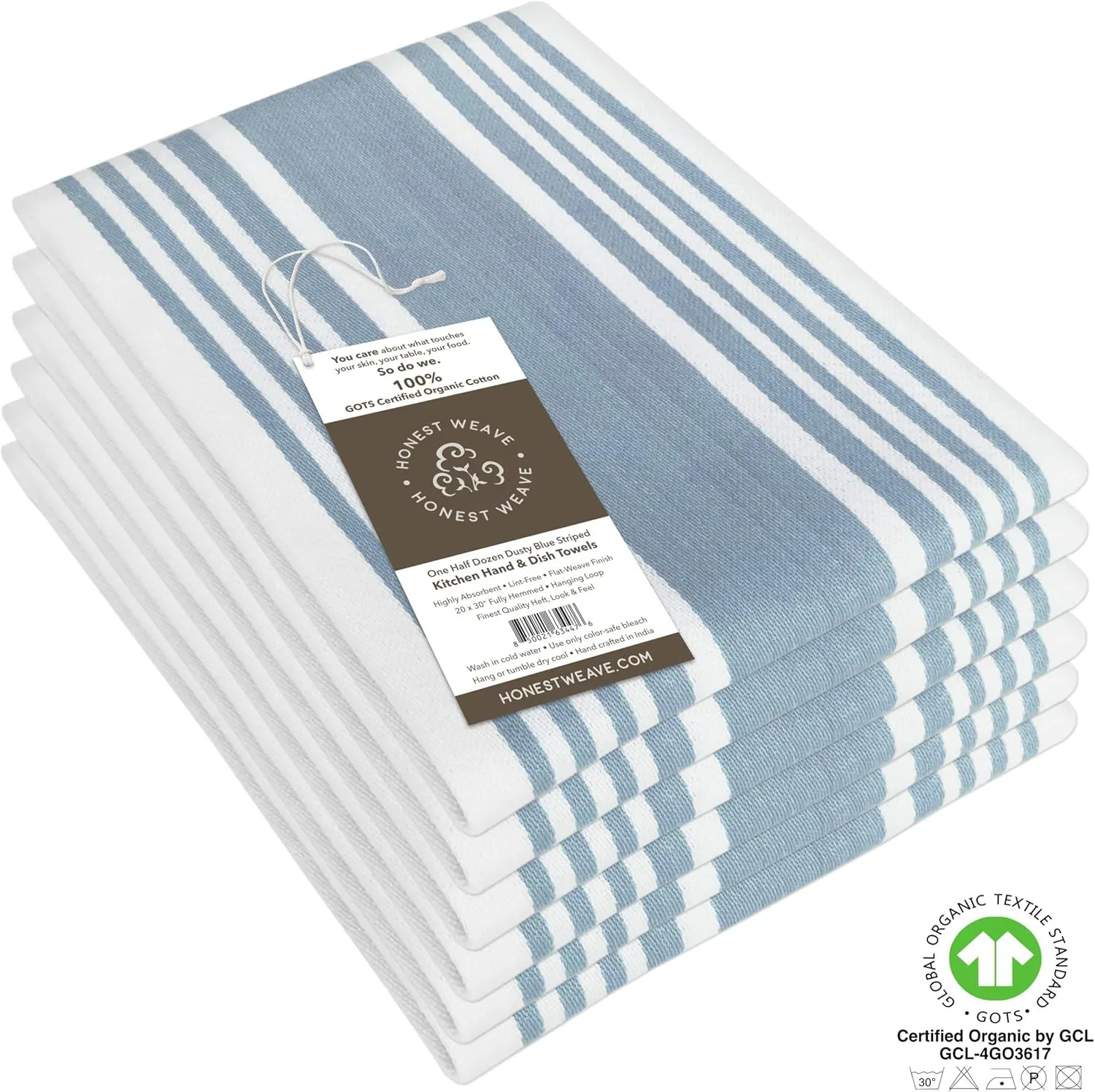 GOTS Certified Organic Cotton Kitchen Hand and Dish Towel Sets - Oversized 20x30 inches, Fully Hemmed, in Designer Colors, 6-Pack, Dusty Blue Stripe