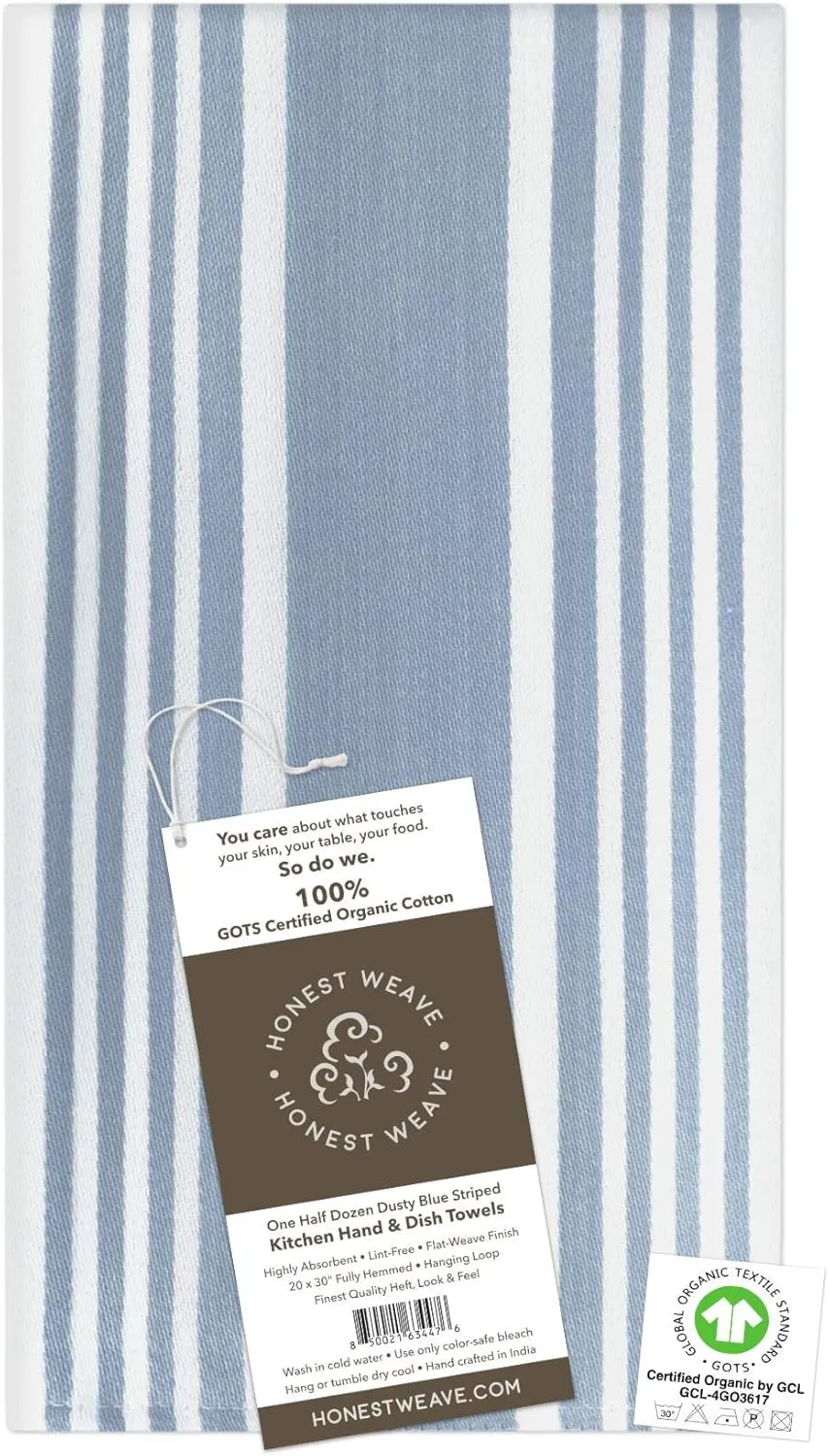 GOTS Certified Organic Cotton Kitchen Hand and Dish Towel Sets - Oversized 20x30 inches, Fully Hemmed, in Designer Colors, 6-Pack, Dusty Blue Stripe
