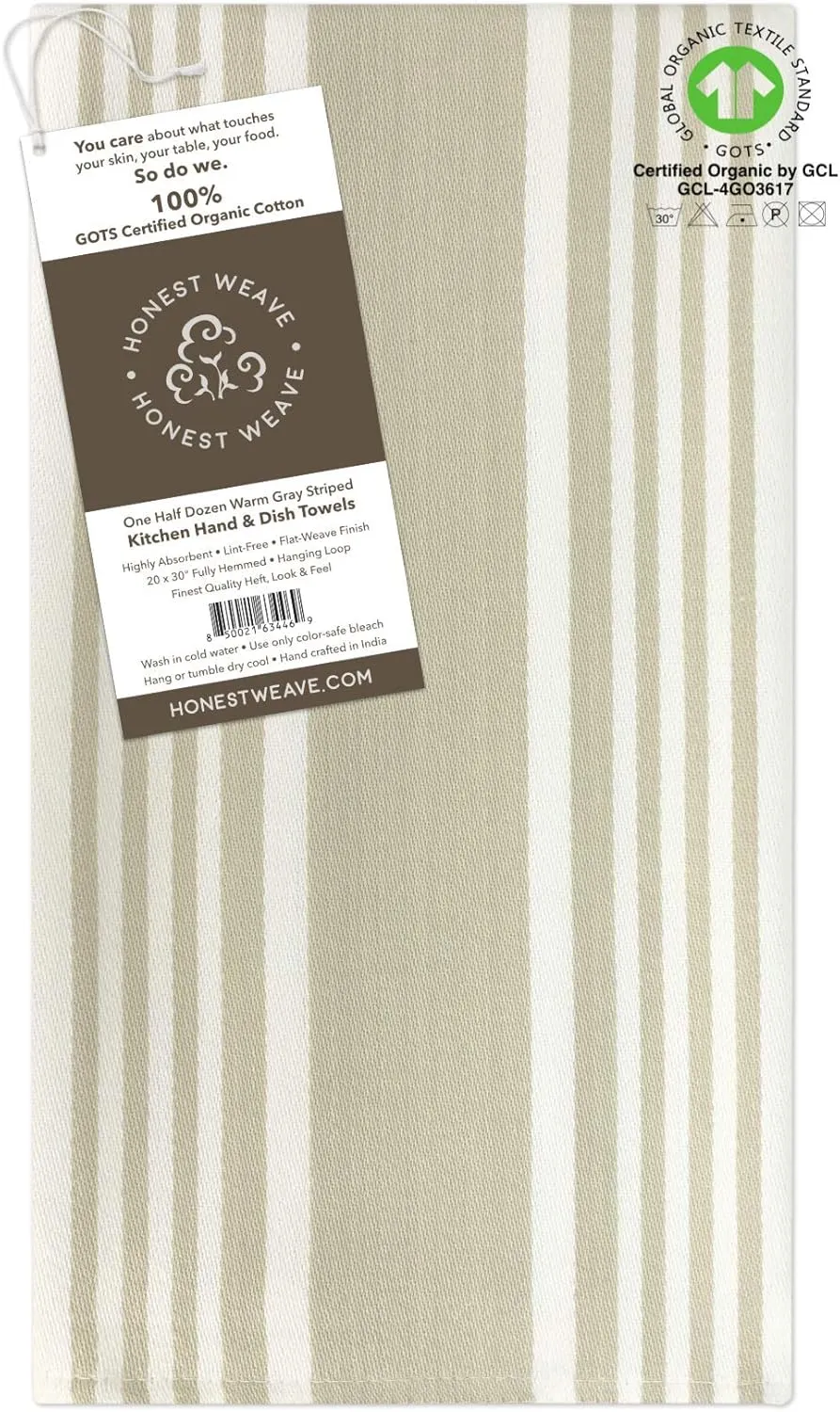 GOTS Certified Organic Cotton Kitchen Hand and Dish Towel Sets - Oversized 20x30 inches, Fully Hemmed, in Designer Colors, 6-Pack, Warm Gray/Taupe Stripe