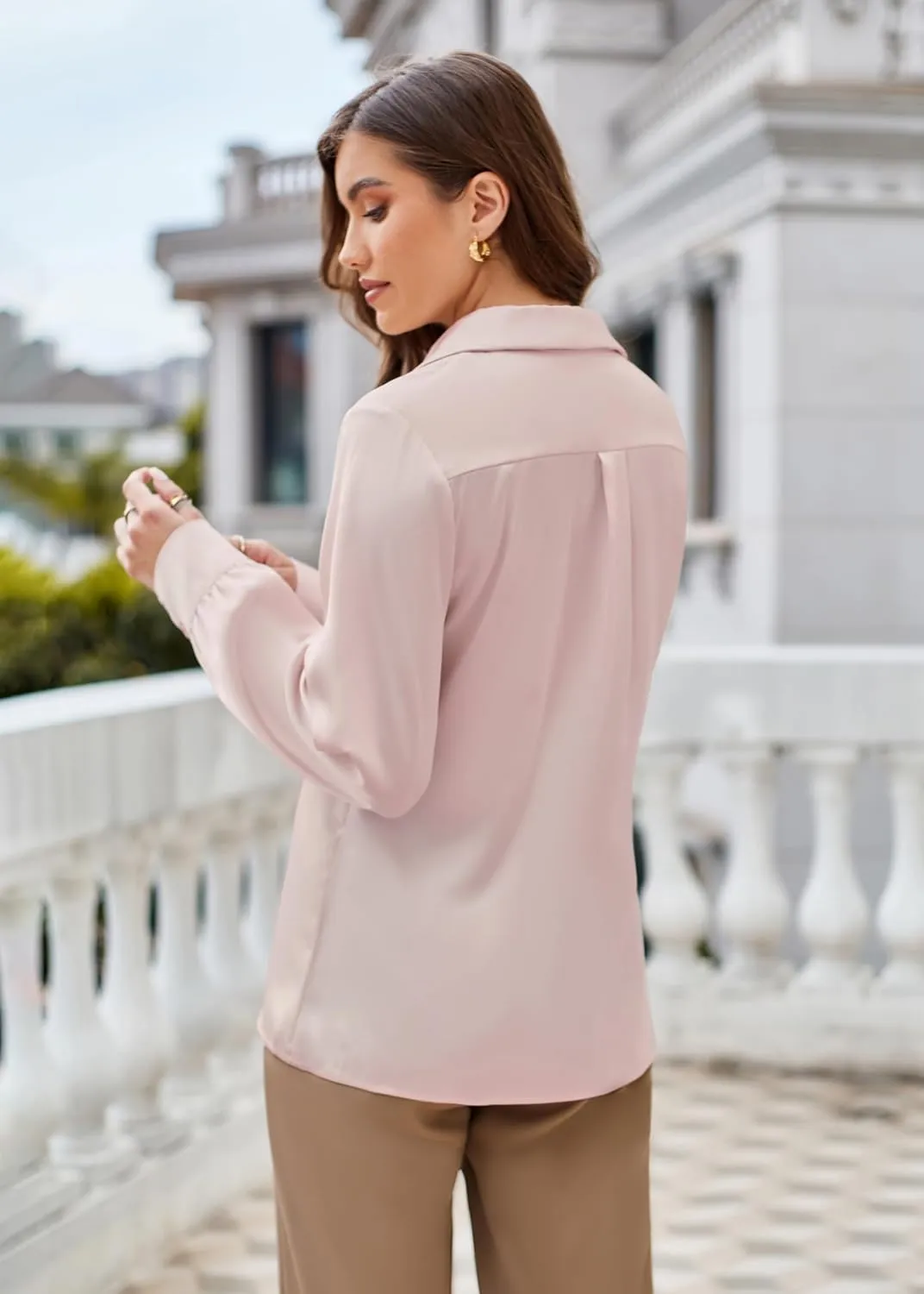 GRACE KARIN Women's Satin Silk Blouse Lapel V Neck Long Sleeve Casual Work Blouse Shirts Pullover Tops