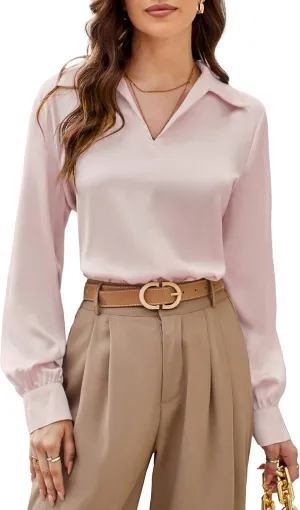 GRACE KARIN Women's Satin Silk Blouse Lapel V Neck Long Sleeve Casual Work Blouse Shirts Pullover Tops