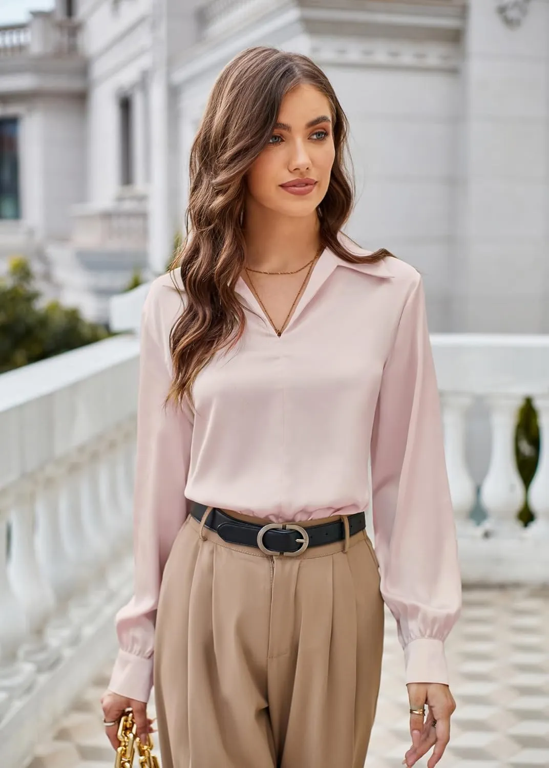 GRACE KARIN Women's Satin Silk Blouse Lapel V Neck Long Sleeve Casual Work Blouse Shirts Pullover Tops