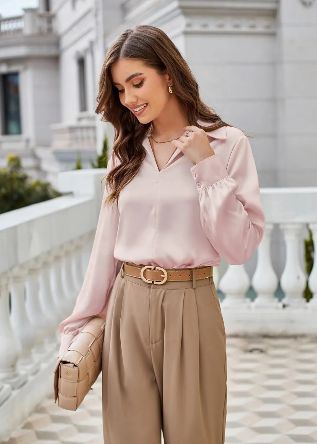 GRACE KARIN Women's Satin Silk Blouse Lapel V Neck Long Sleeve Casual Work Blouse Shirts Pullover Tops